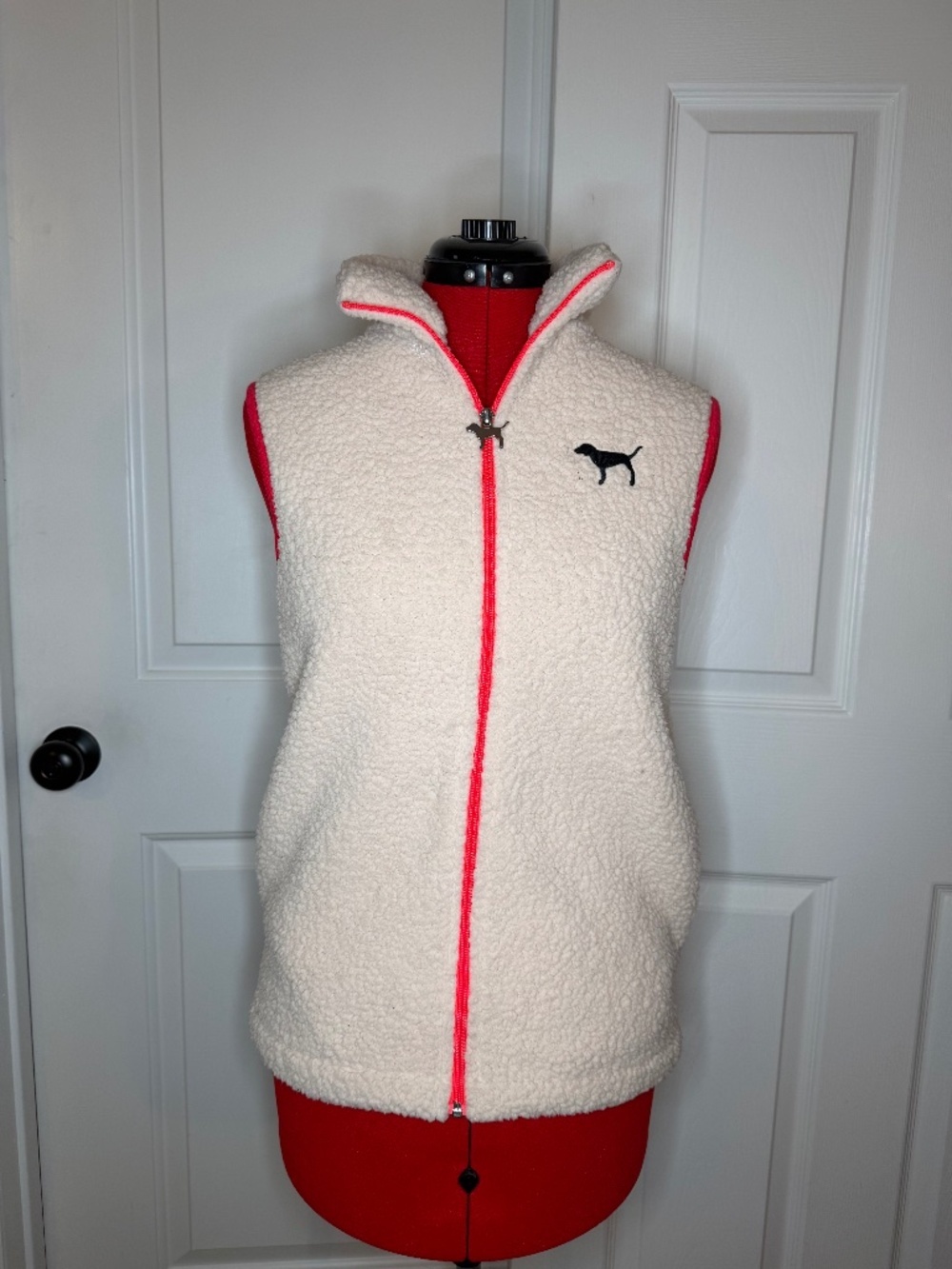 Victoria Secret Pink Sherpa Vest Beige Neon Pink Trim Full Zip Womens XS Pockets